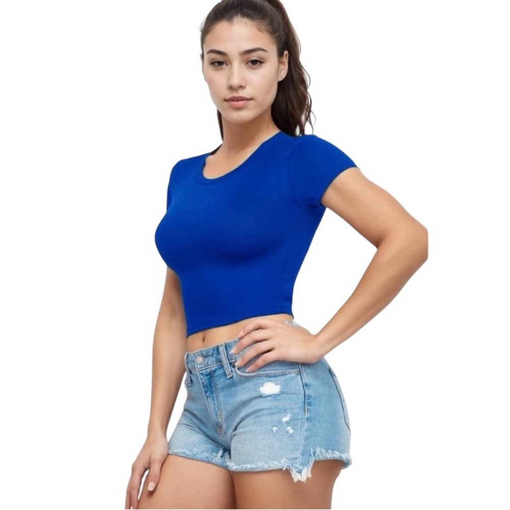 Short Sleeve Roundneck Royal Blue Crop Top by Capella Apparel